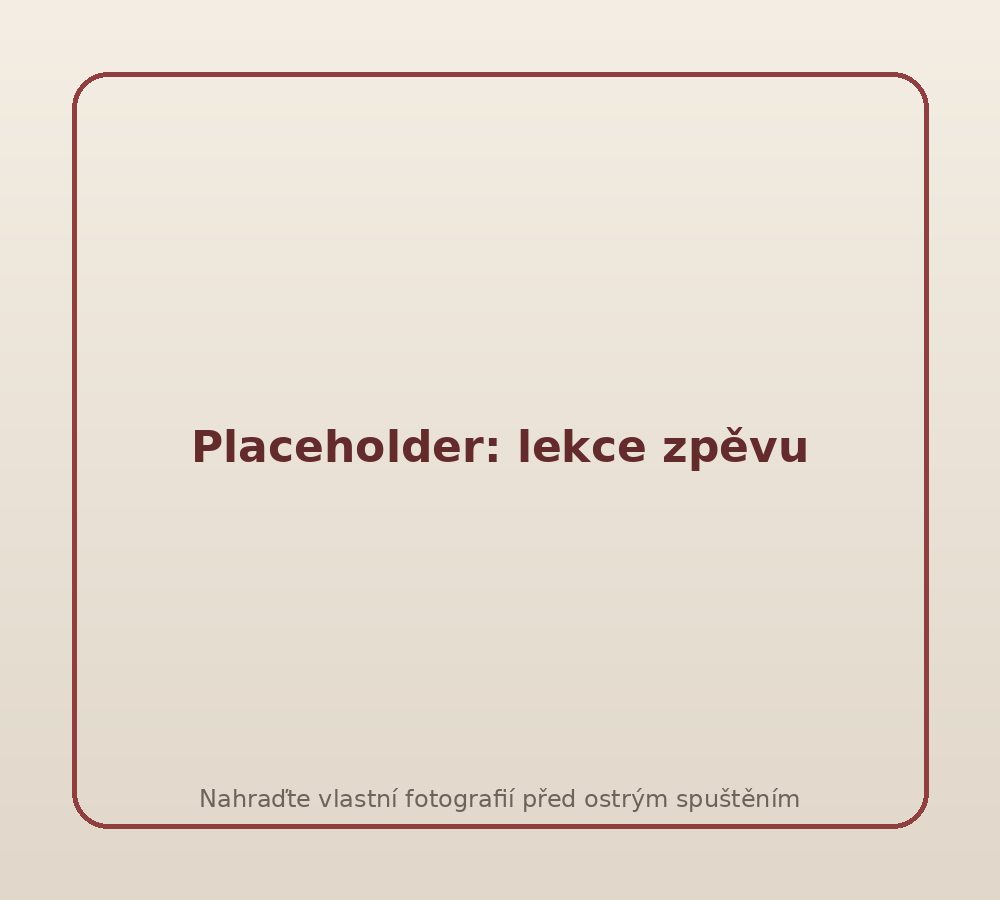 Placeholder fotografie: lekce zpěvu s mikrofonem, klavírem a notovým stojanem